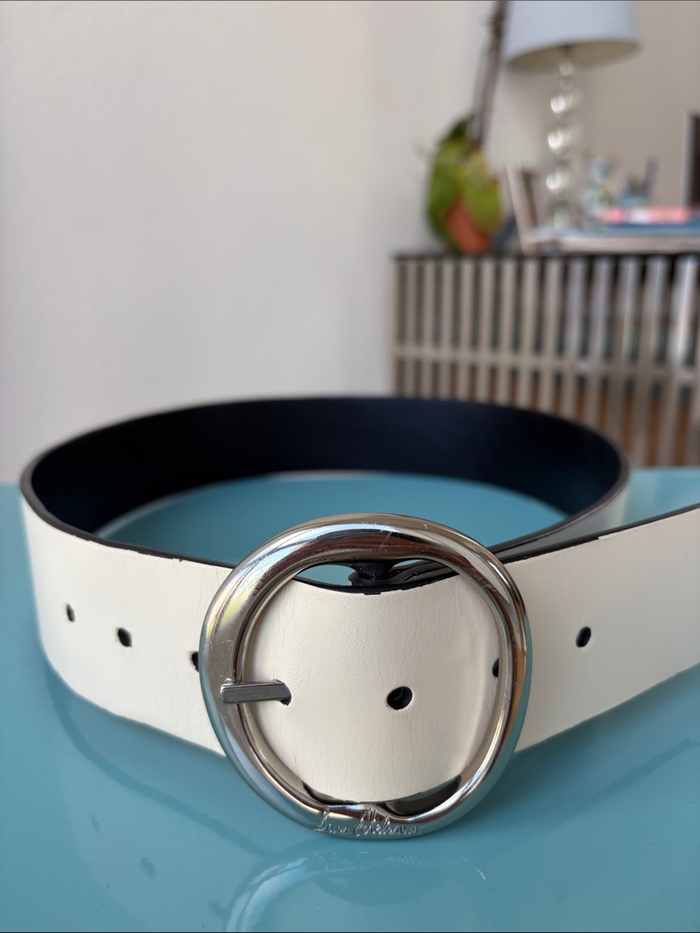 Sam Edelman Reversible Ivory/Black Leather Belt with Silver Round Buckle